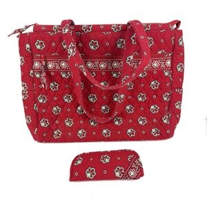 Vera Bradley Indiana Red Bandana Tote Bag  Quilted Handbag With Eyeglass Case